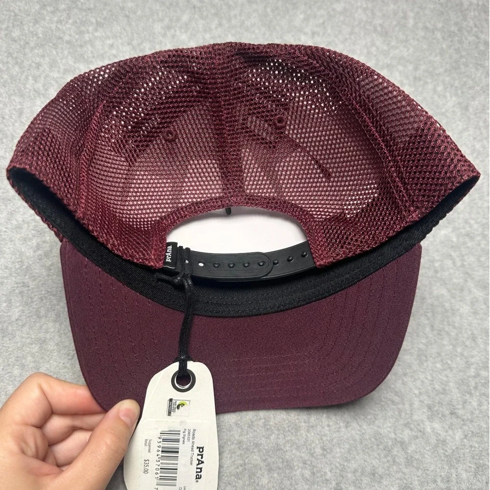 Prana Roads Ahead Trucker Hat Maroon Fig Signals Graphic Snapback Mesh Cap NEW